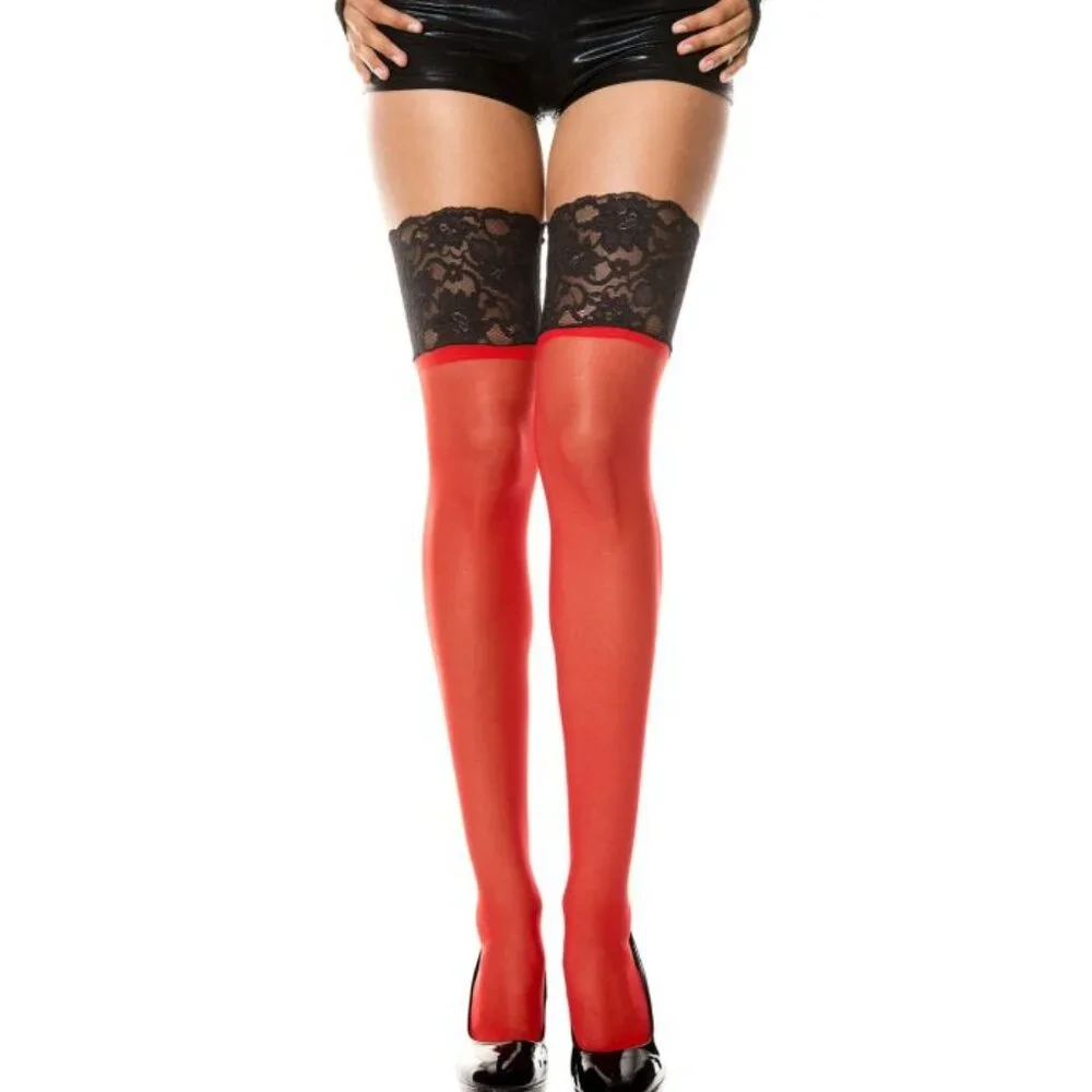 Wide Contrast Lace Sheer Thigh Hi Red Black